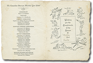 Christmas card inside. Card shows list of The Canadian Overseas Machine Gun School staff commanders and officers. Card reads “Wishing you the Compliments of the Season To Murchie From Charlie.” surrounded by illustrations of soldiers doing different actions. 