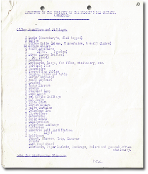 Inventory of the property of the Hudson's Bay Company, Archangel. Office Furniture and Fittings, including desks, tables, chairs, bookcases, cupboards, mirrors, lamps, carpets, table cloths, candlesticks