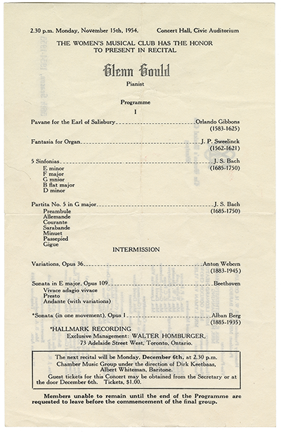 Women’s Musical Club of Winnipeg fonds, Single Programmes